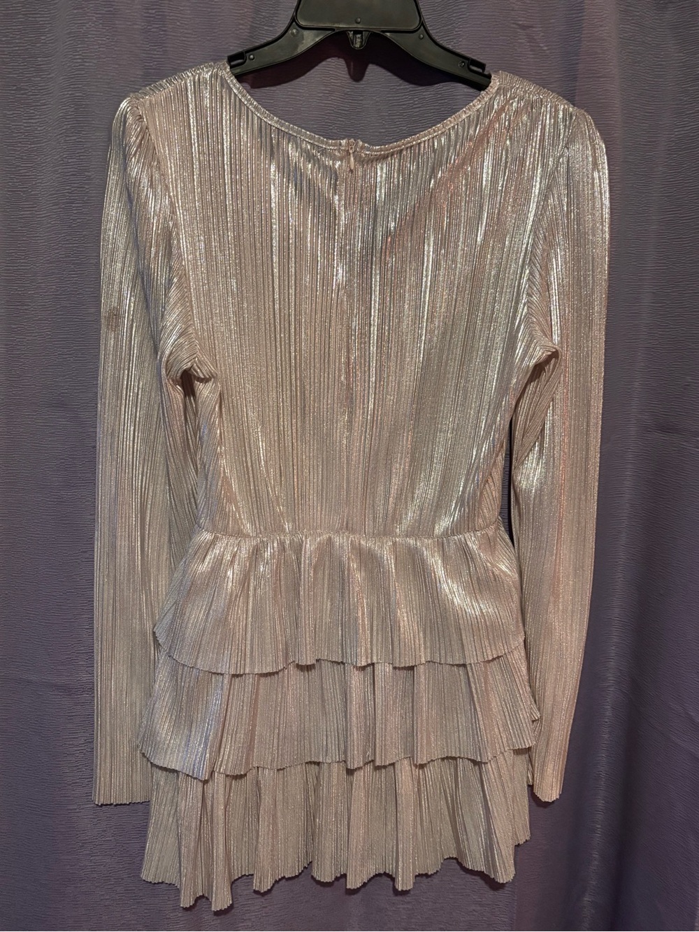 Women’s Shimmery Pink Pleated Tiered Long-Sleeve Top
